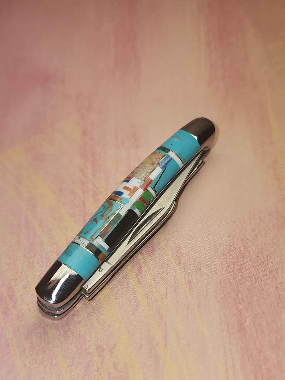 Turquoise Inlay Pocket Knife - Mosaic Handle - Three Blade